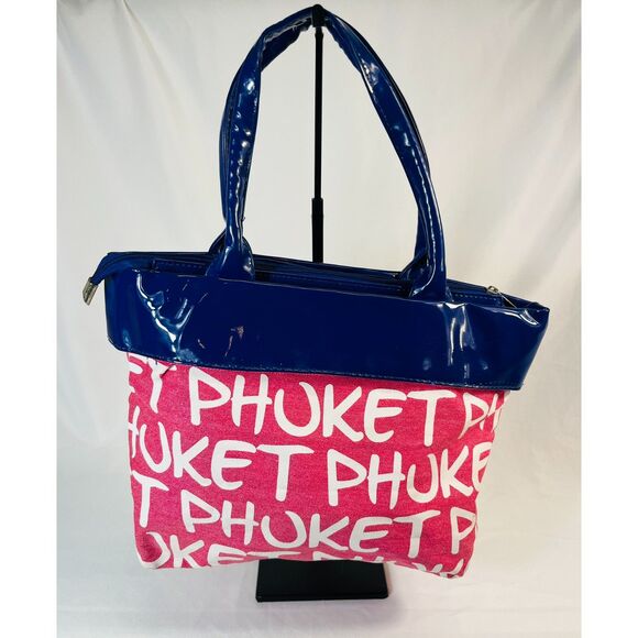 Robin Ruth Phuket Logo Tote Bag Blue Pink Patent Handle Shopper MOD - Picture 1 of 14